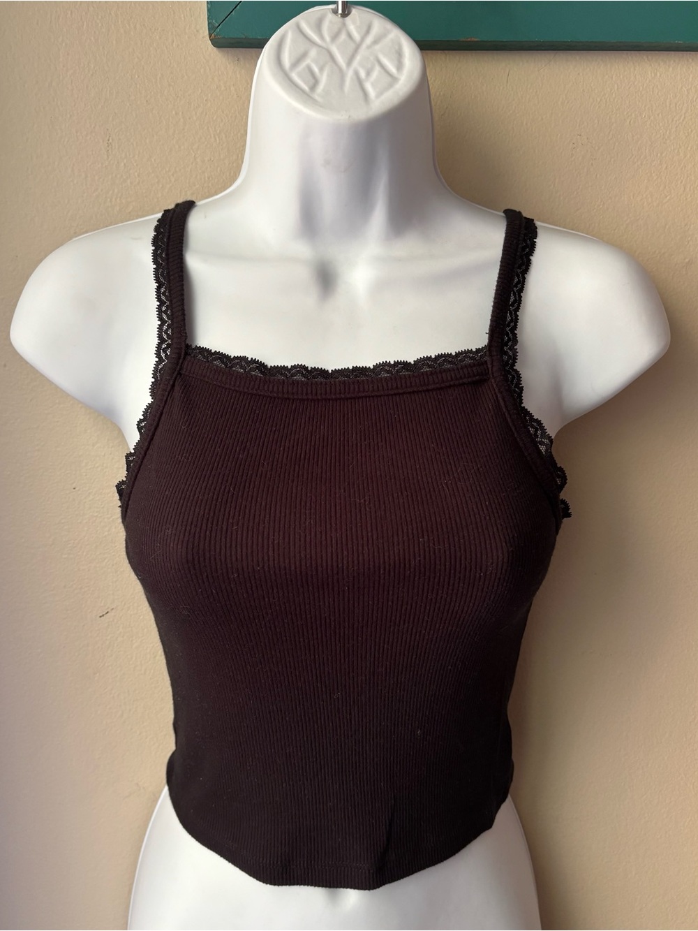 American Eagle Black Ribbed Lace Trim Crop Tank Top Small